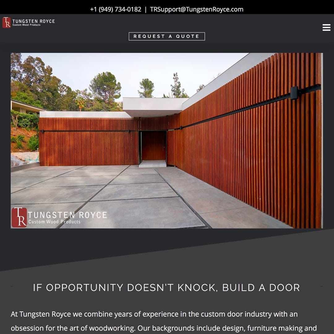 A screenshot of the homepage for TungstenRoyce.com. Image showing two double car garage doors in Beverly Hills.